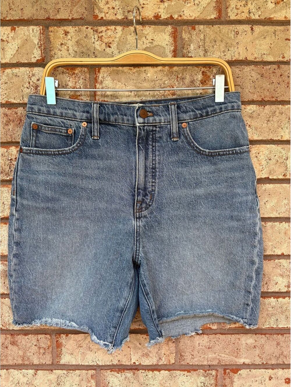 Madewell High-Rise Denim Mid-Length raw hem shorts